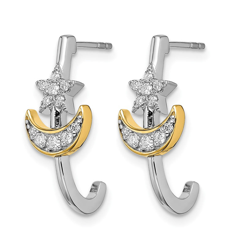 14k Yellow Gold Two-tone Moon w/Star Real Diamond J-hoop Post Earrings