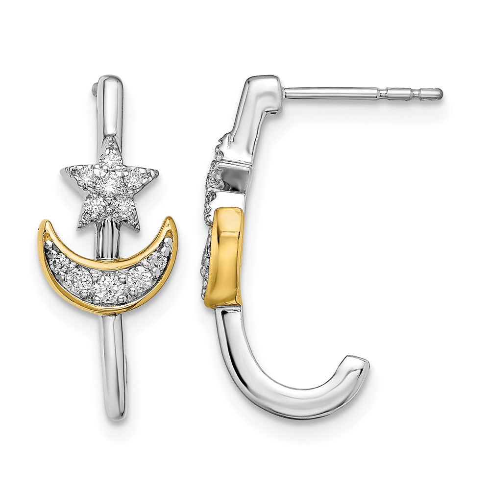 14k Yellow Gold Two-tone Moon w/Star Real Diamond J-hoop Post Earrings