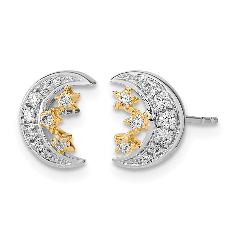14k Yellow Gold Two-tone Moon w/3Stars Real Diamond Post Earrings