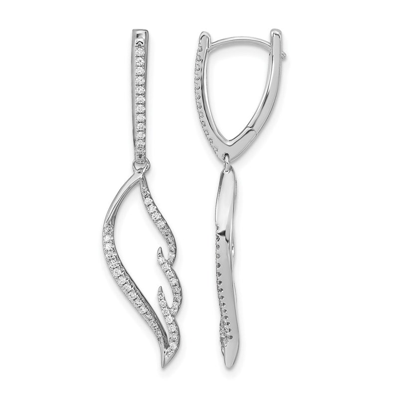 14k White Gold Real Diamond Wing Hinged Hoop Dangle Earrings