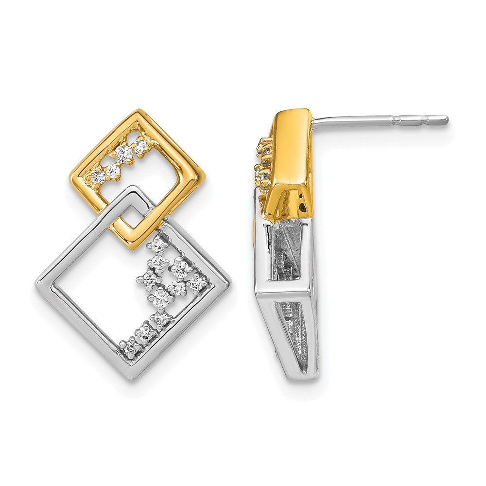 14k Yellow Gold Two-tone Polished Double Square Real Diamond Post Earrings