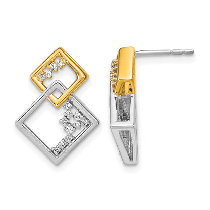 14k Yellow Gold Two-tone Polished Double Square Real Diamond Post Earrings
