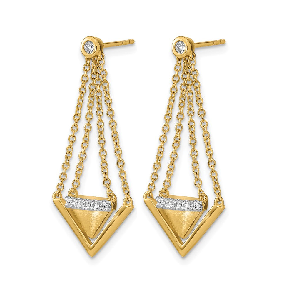 14k Yellow Gold Satin/Polished Real Diamond Triangle Chain Dangle Post Earrings