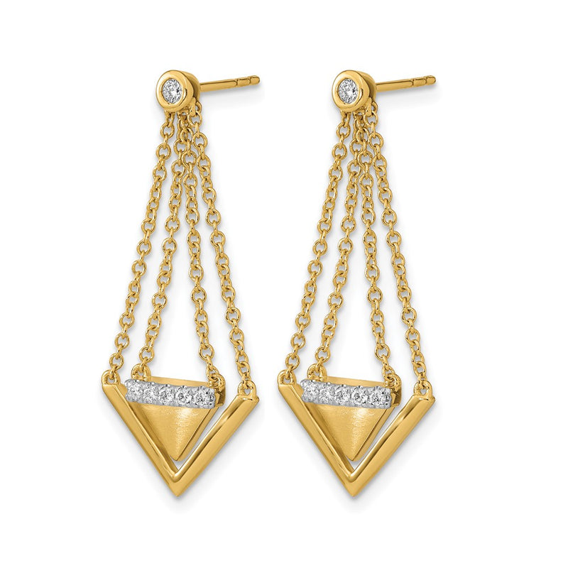 14k Yellow Gold Satin/Polished Real Diamond Triangle Chain Dangle Post Earrings