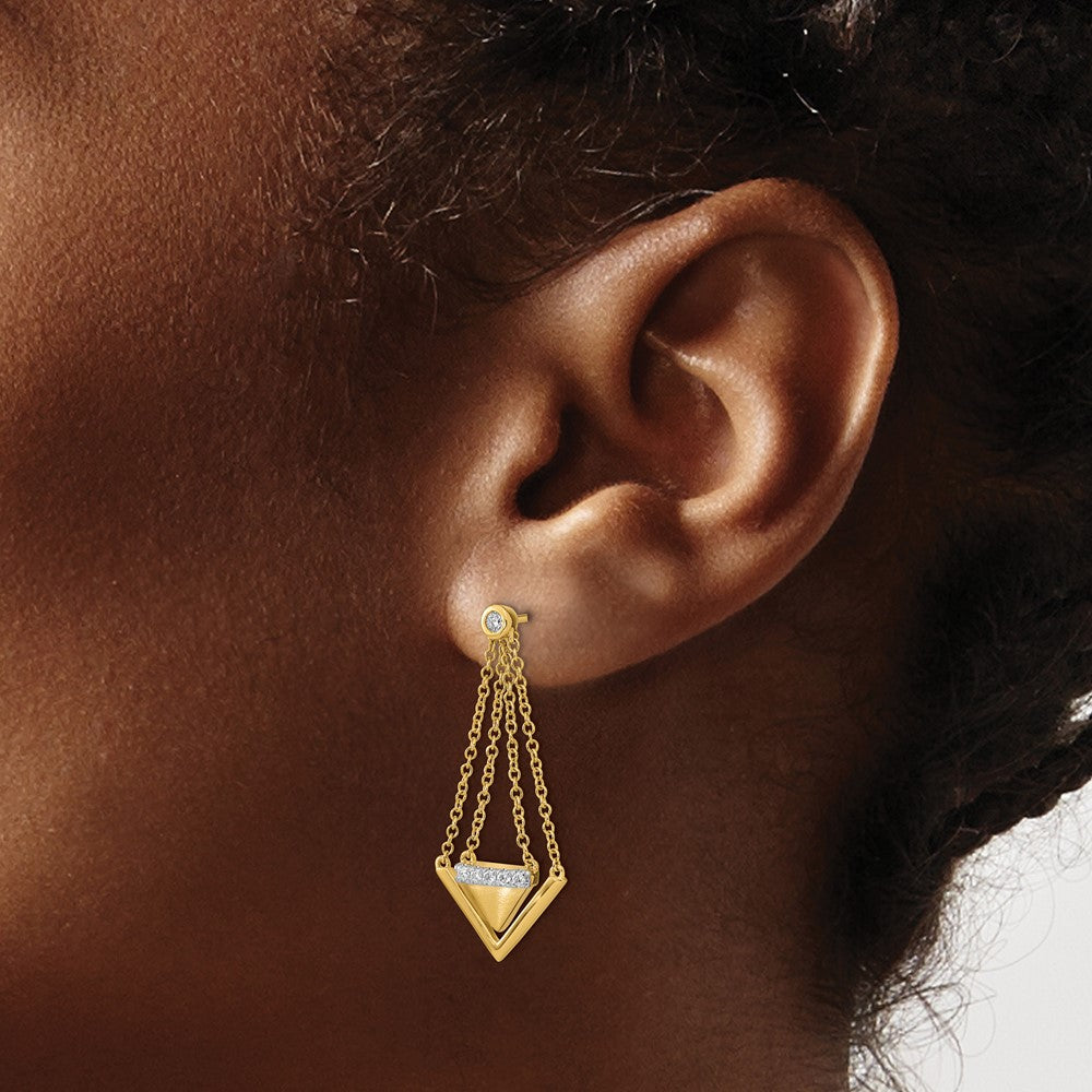 14k Yellow Gold Satin/Polished Real Diamond Triangle Chain Dangle Post Earrings
