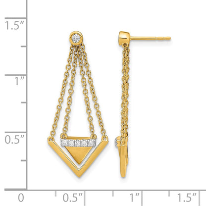 14k Yellow Gold Satin/Polished Real Diamond Triangle Chain Dangle Post Earrings