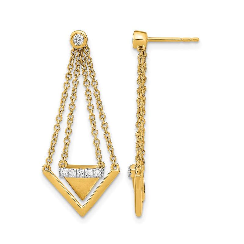 14k Yellow Gold Satin/Polished Real Diamond Triangle Chain Dangle Post Earrings