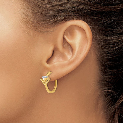 14k Yellow Gold Satin/Polished Real Diamond Triangle Hinged Hoop Earrings