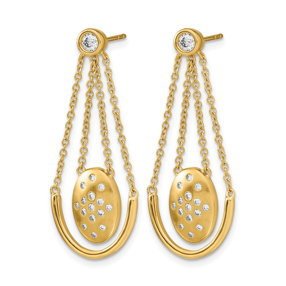 14k Yellow Gold Satin/Polished Real Diamond Oval w/Chain Dangle Post Earrings