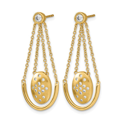 14k Yellow Gold Satin/Polished Real Diamond Oval w/Chain Dangle Post Earrings