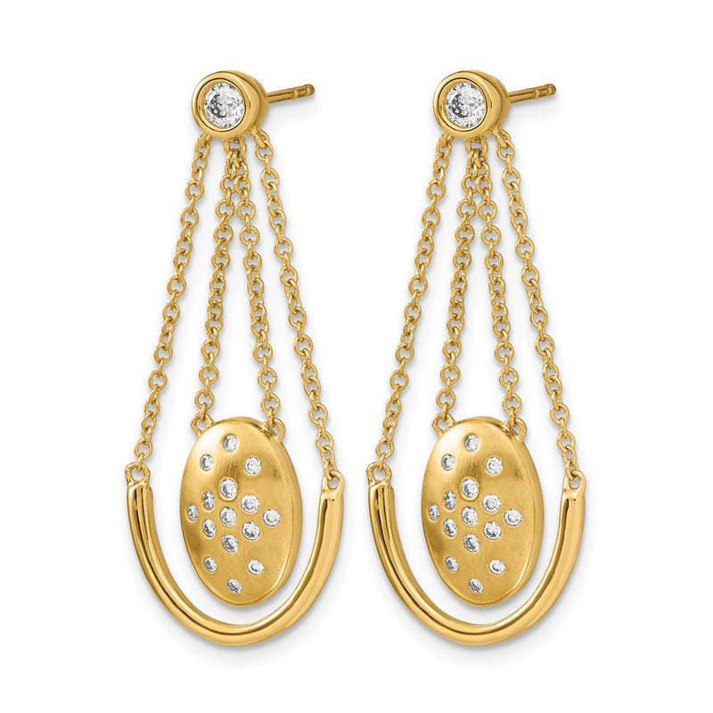 14k Yellow Gold Satin/Polished Real Diamond Oval w/Chain Dangle Post Earrings