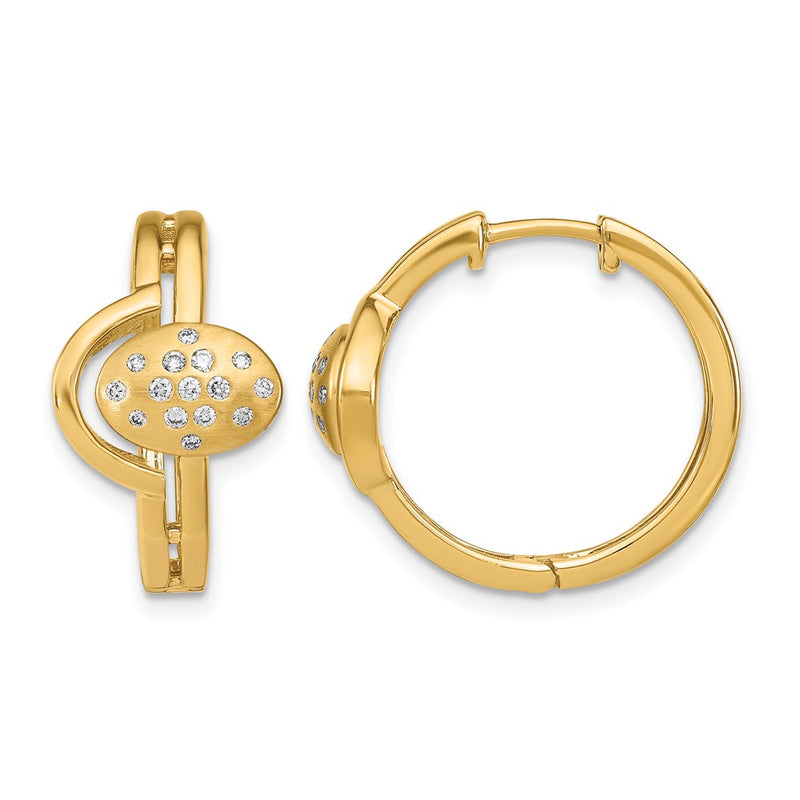 14k Yellow Gold Satin/Polished Real Diamond Hinged Hoop Earrings