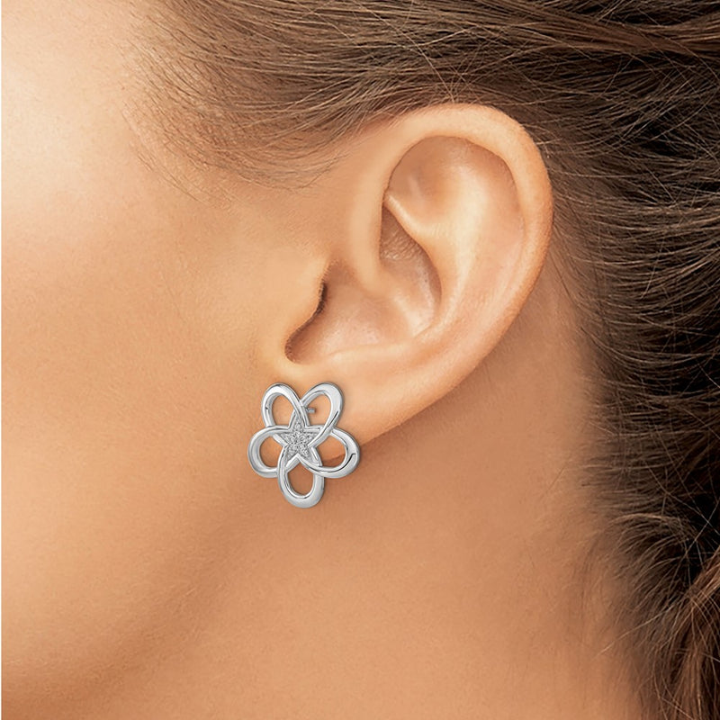 14k White Gold Polished Real Diamond Flower Post Earrings