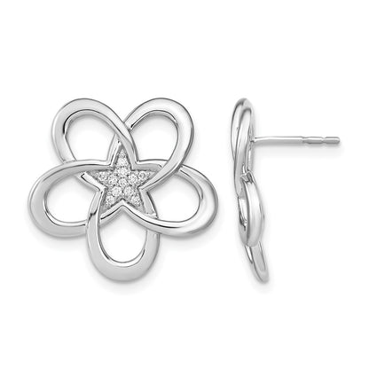 14k White Gold Polished Real Diamond Flower Post Earrings