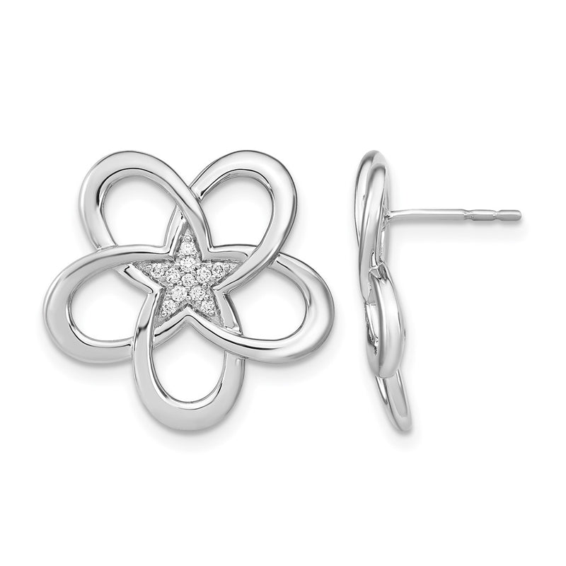14k White Gold Polished Real Diamond Flower Post Earrings