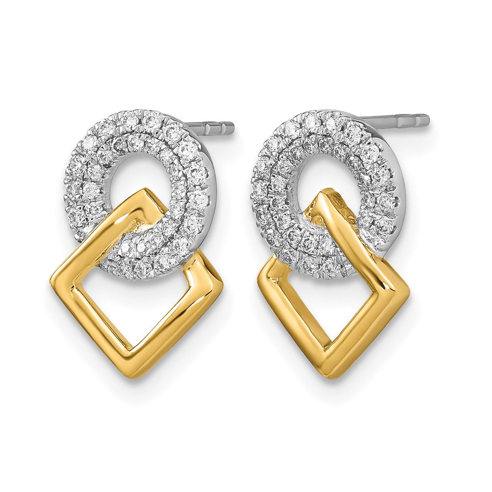 14k Yellow Gold Two-tone Polished Real Diamond Circle and Square Post Earrings