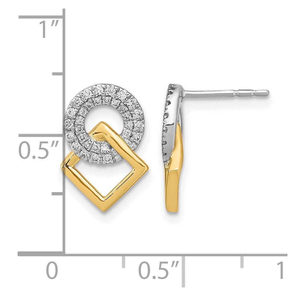 14k Yellow Gold Two-tone Polished Real Diamond Circle and Square Post Earrings