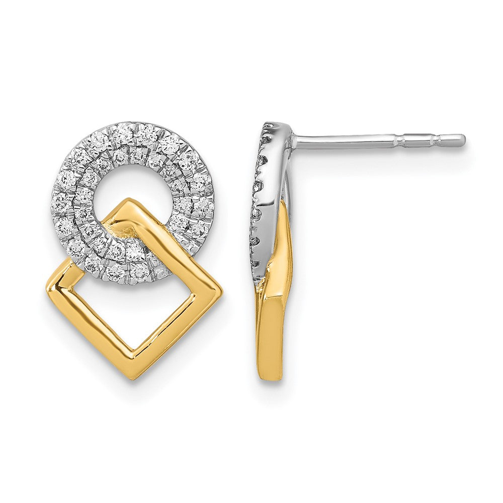 14k Yellow Gold Two-tone Polished Real Diamond Circle and Square Post Earrings