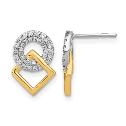 14k Yellow Gold Two-tone Polished Real Diamond Circle and Square Post Earrings