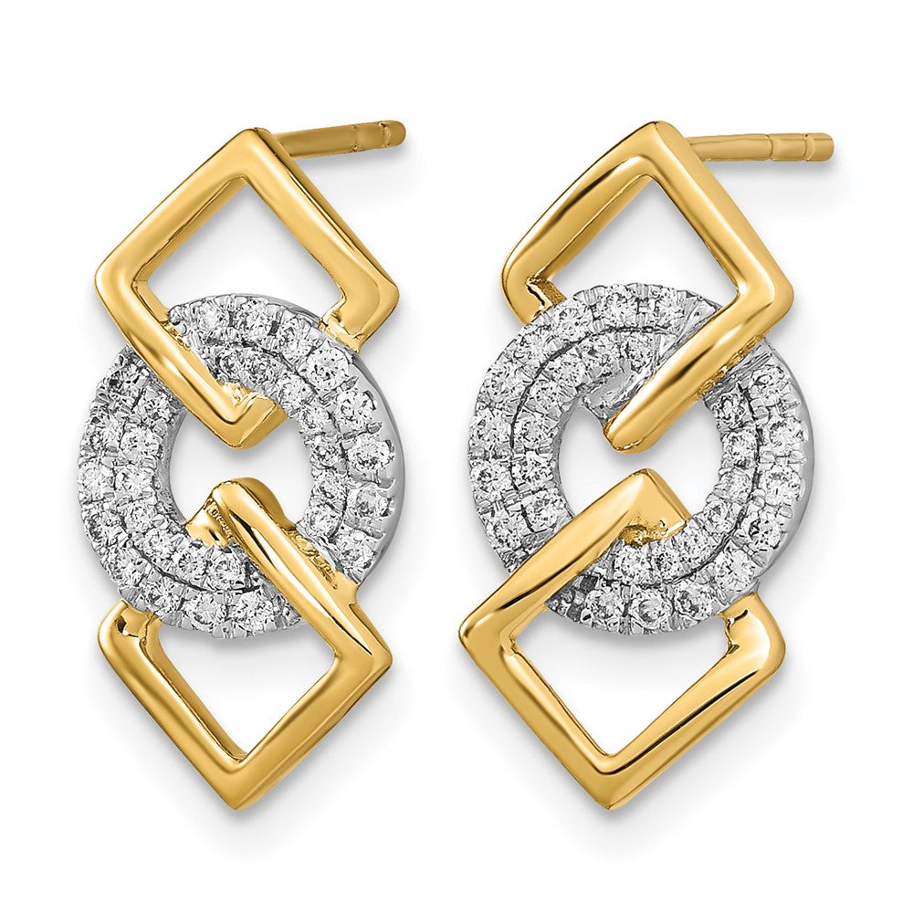 14k Yellow Gold Two-tone Polished Real Diamond Circle and 2 Square Post Earrings