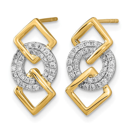 14k Yellow Gold Two-tone Polished Real Diamond Circle and 2 Square Post Earrings