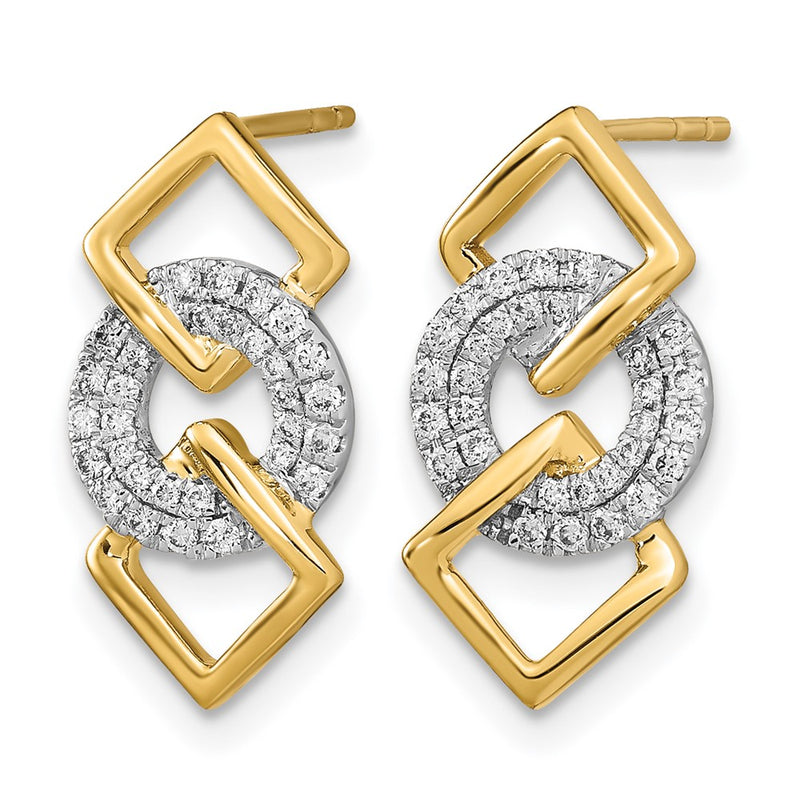 14k Yellow Gold Two-tone Polished Real Diamond Circle and 2 Square Post Earrings