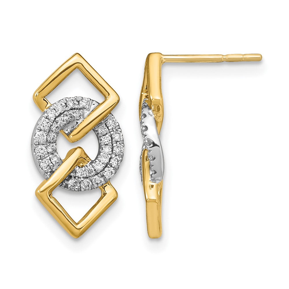14k Yellow Gold Two-tone Polished Real Diamond Circle and 2 Square Post Earrings