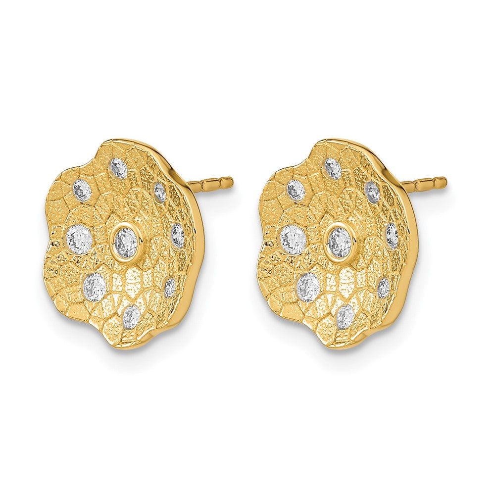 14k Yellow Gold Polished and Textured Real Diamond Circle Post Earrings