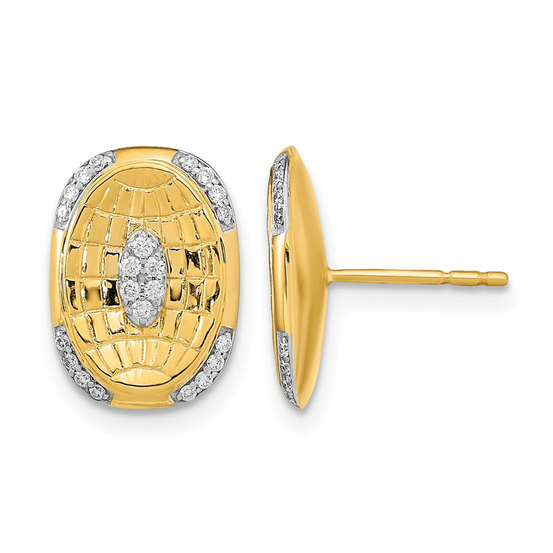 14k Yellow Gold Polished and Textured Real Diamond Oval Post Earrings