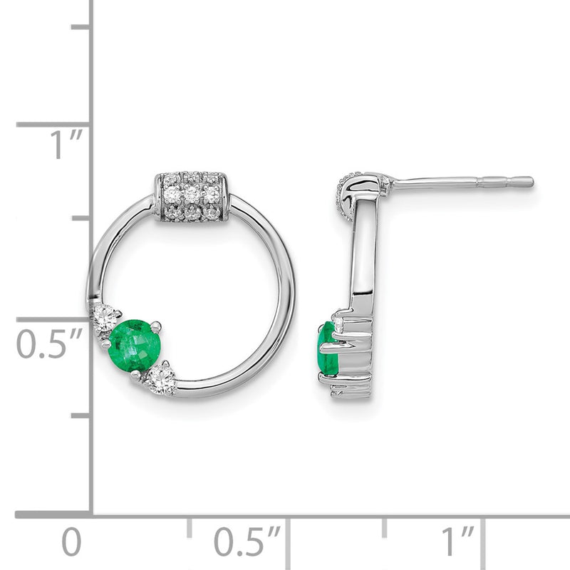 14k White Polished Real Diamond and Emerald Circle Post Earrings