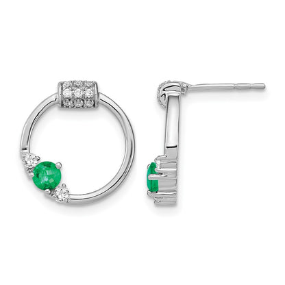 14k White Polished Real Diamond and Emerald Circle Post Earrings