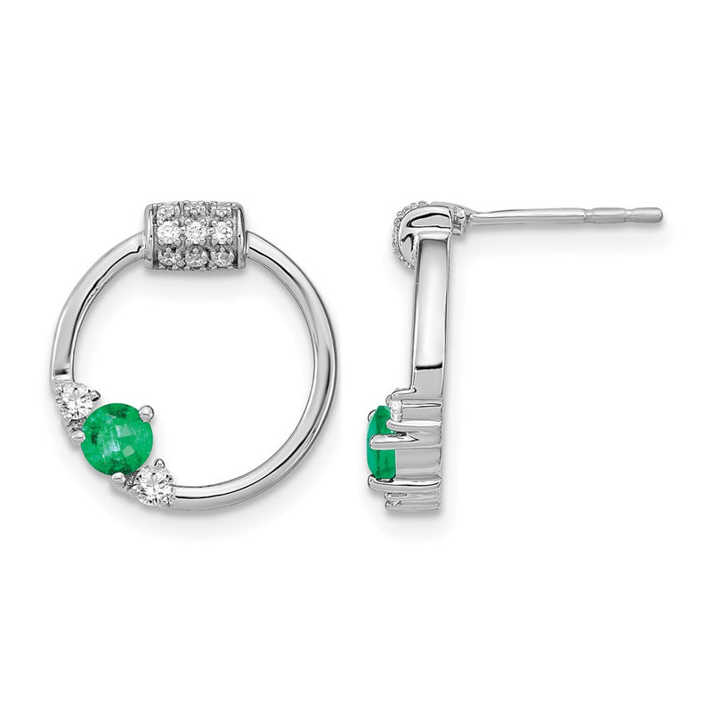 14k White Polished Real Diamond and Emerald Circle Post Earrings