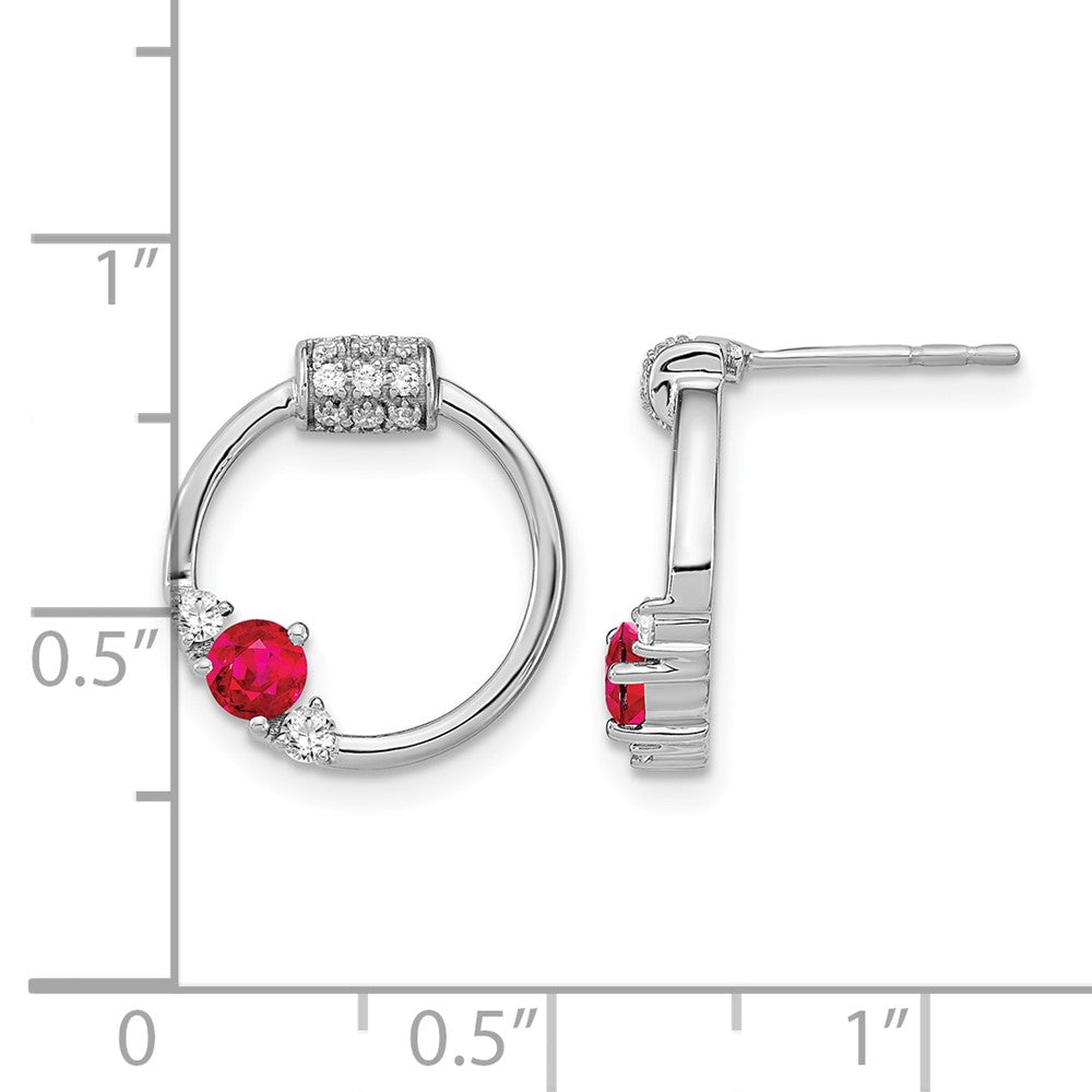 14k White Polished Real Diamond and Ruby Circle Post Earrings