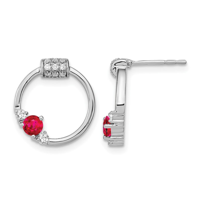 14k White Polished Real Diamond and Ruby Circle Post Earrings