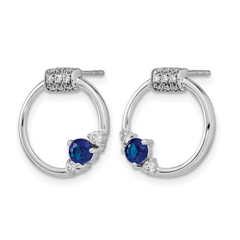 14k White Polished Real Diamond and Blue Sapphire Circle Post Earrings