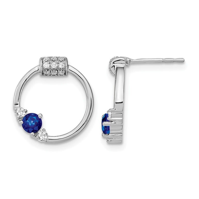 14k White Polished Real Diamond and Blue Sapphire Circle Post Earrings