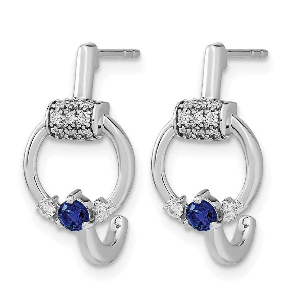 14k White Polished Real Diamond and Blue Sapphire Circle J-hoop Earrings