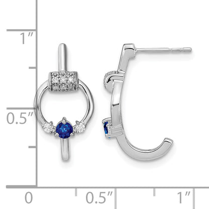 14k White Polished Real Diamond and Blue Sapphire Circle J-hoop Earrings