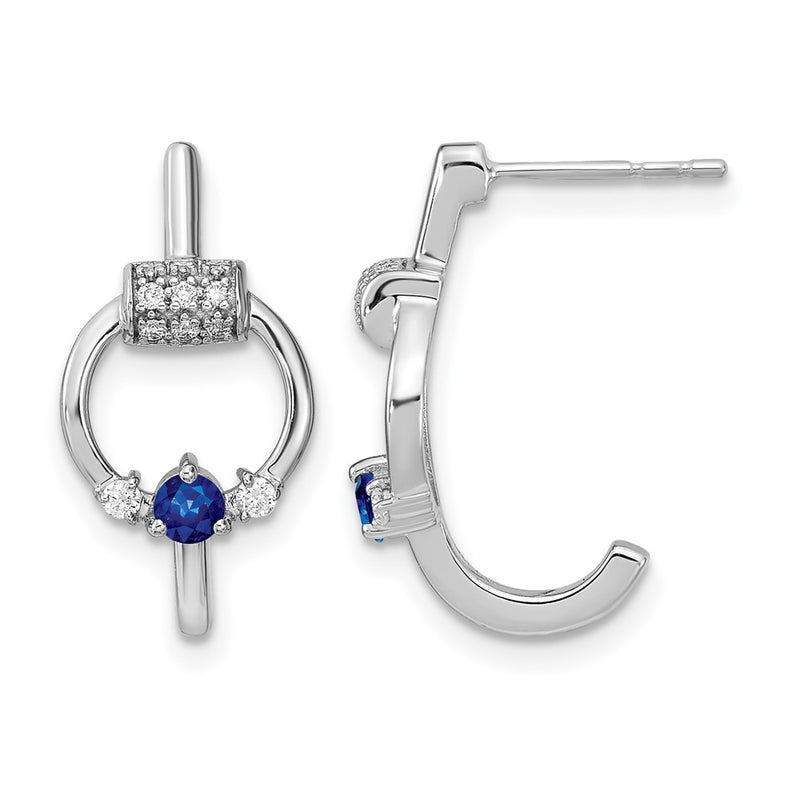 14k White Polished Real Diamond and Blue Sapphire Circle J-hoop Earrings