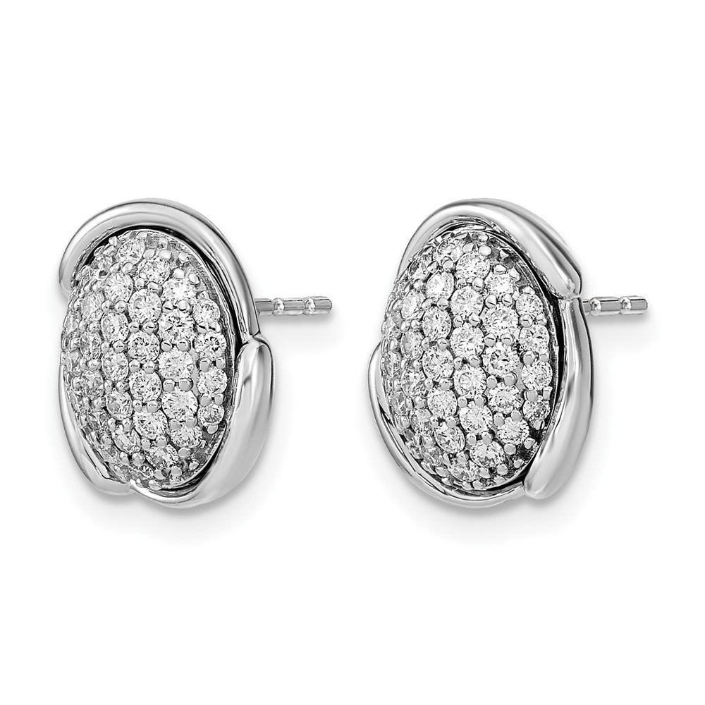 14k White Polished Oval Pave Real Diamond Post Earrings
