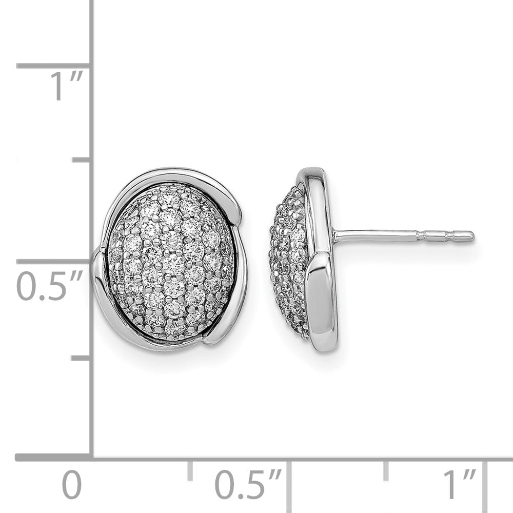 14k White Polished Oval Pave Real Diamond Post Earrings