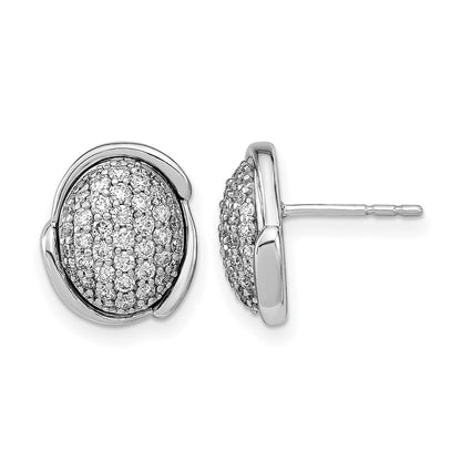 14k White Polished Oval Pave Real Diamond Post Earrings