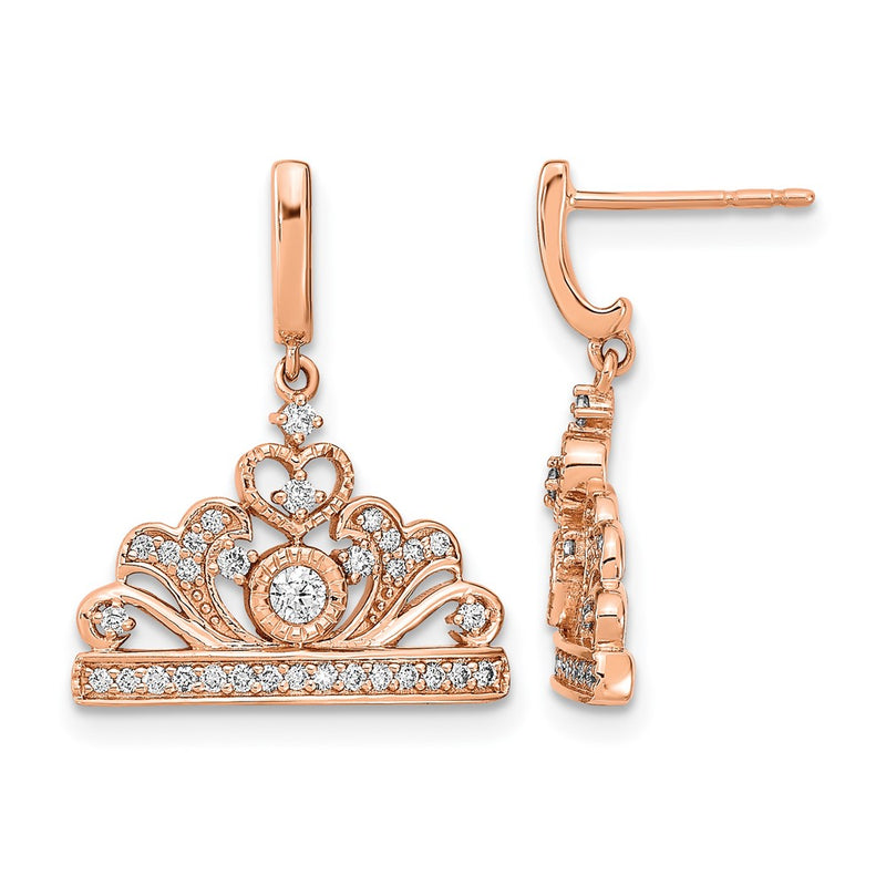 14k Rose Gold Polished Real Diamond Tiara Dangle Post Earrings