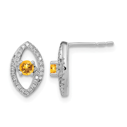 14k White Gold Polished Real Diamond and Citrine Post Earrings