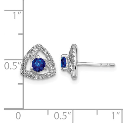 14k White Gold Real Diamond and Blue Sapphire Triangle Post Earrings