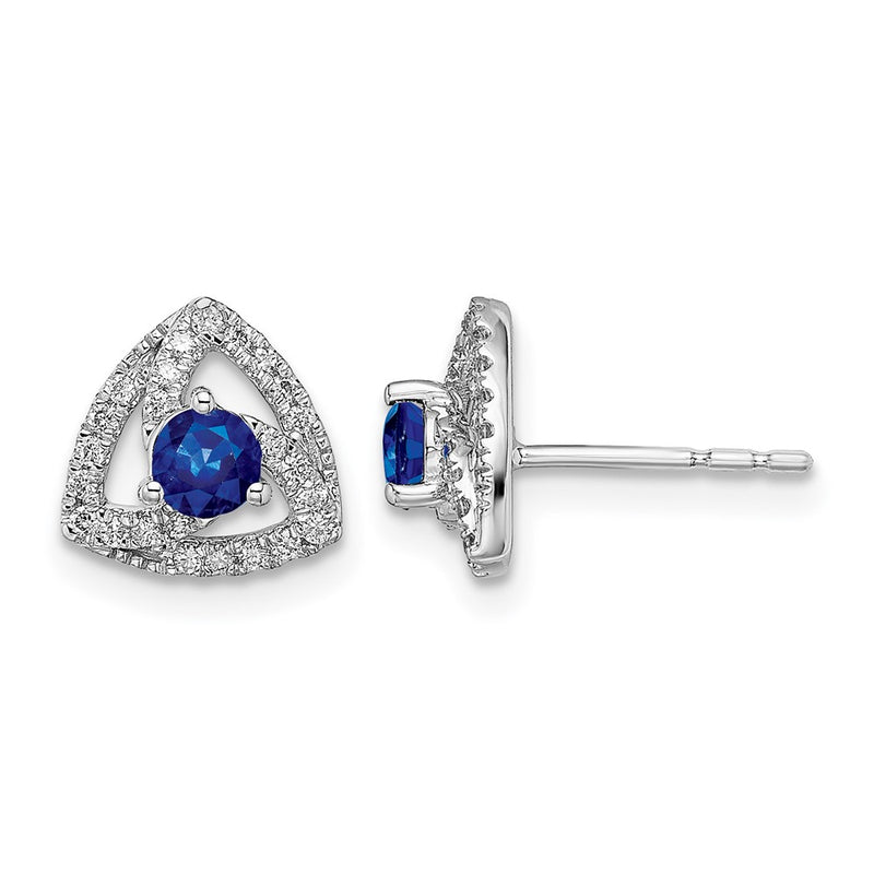 14k White Gold Real Diamond and Blue Sapphire Triangle Post Earrings