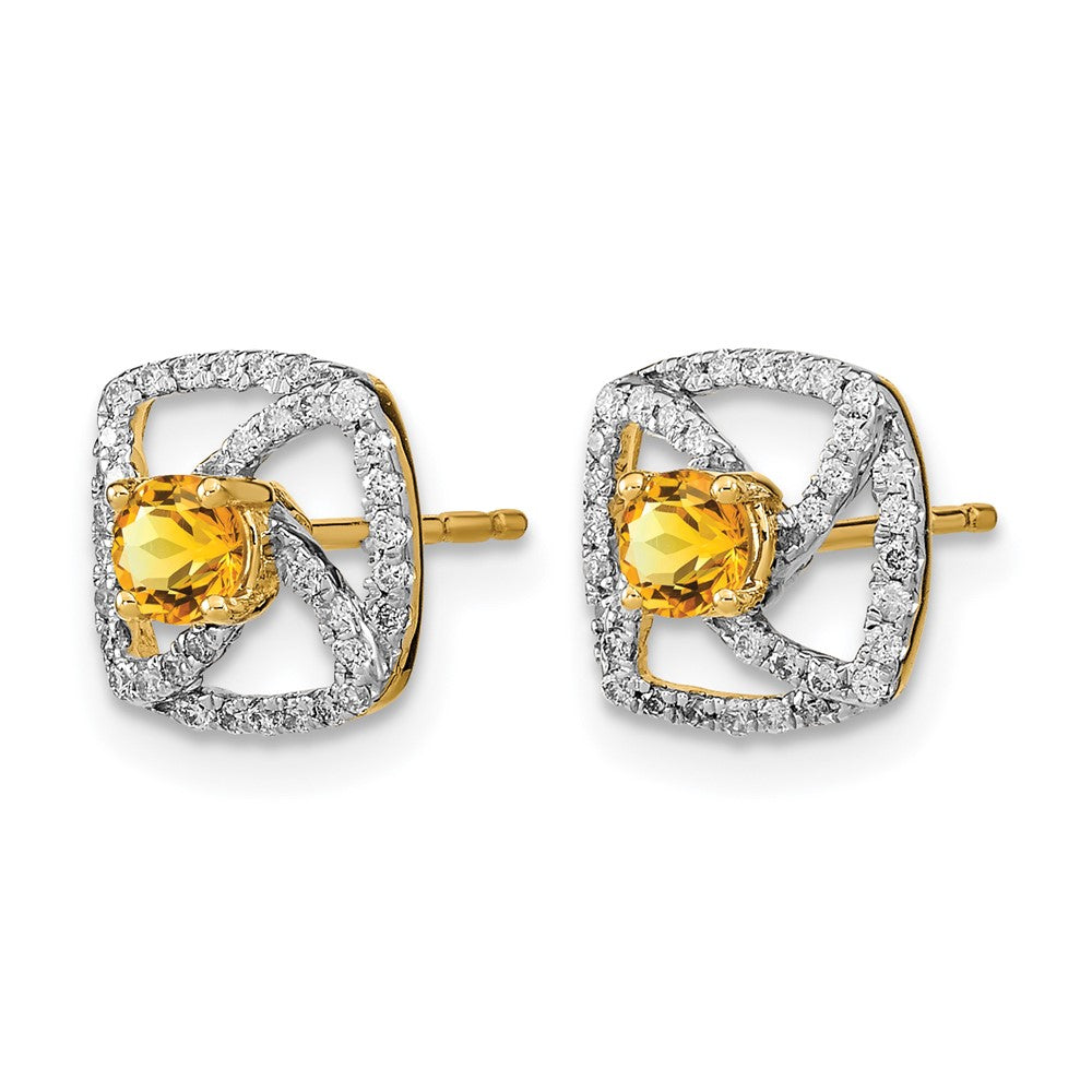 14k Yellow Gold Polished Real Diamond and Citrine Square Post Earrings