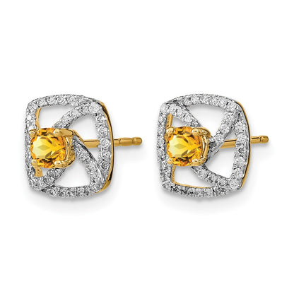 14k Yellow Gold Polished Real Diamond and Citrine Square Post Earrings