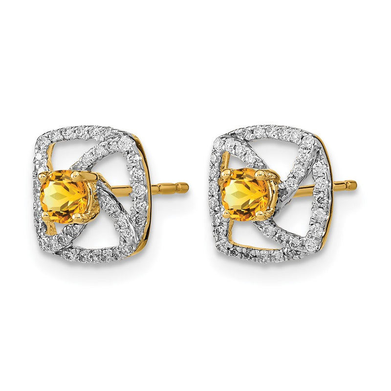 14k Yellow Gold Polished Real Diamond and Citrine Square Post Earrings
