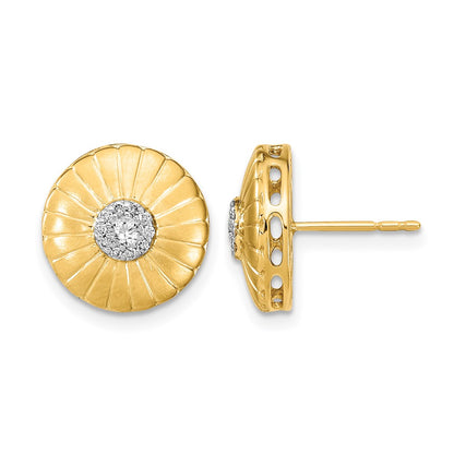 14k Yellow Gold Satin Real Diamond Flower Post Earrings